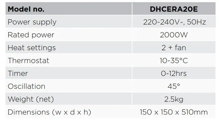 Dimplex 2kW DC Ceramic Tower Heater Electronic Controls DHCERA20E - Specifications