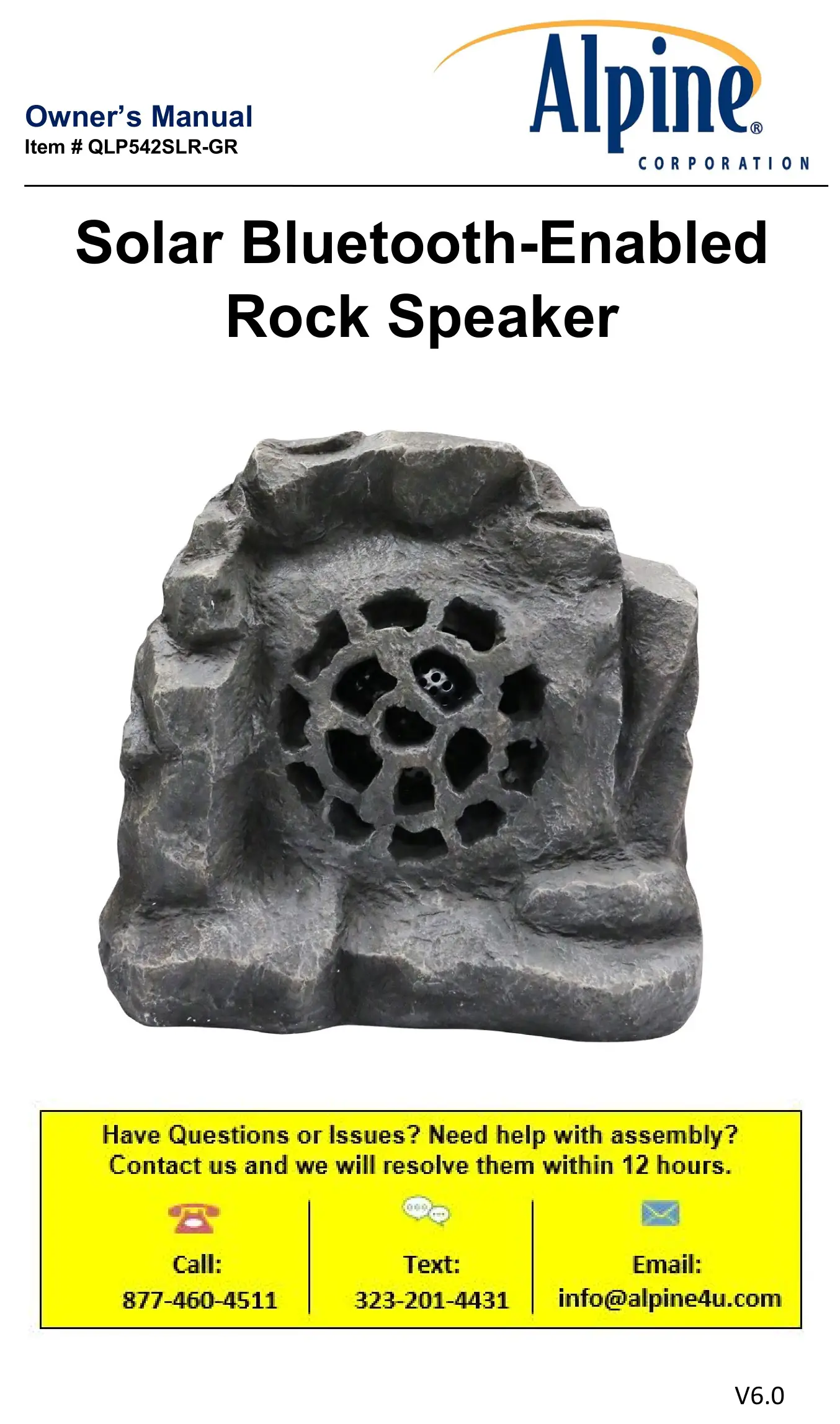 ALPINE Solar Bluetooth-Enabled Rock Speaker QLP542SLR-GR Owner's Manual