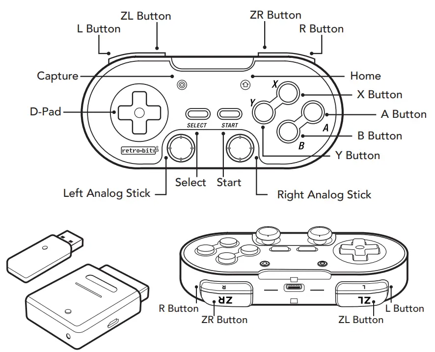 retro bit LEGACY16 24GHz Wireless Controller - Diagram