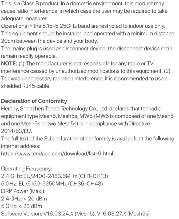 Tenda MW5 Nova AC1200 Whole Home Mesh WiFi System Installation Guide - CE mark