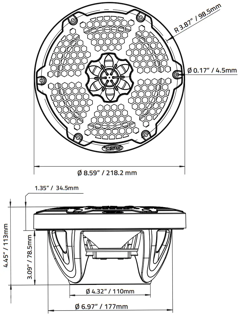 DS18 NXL-8M 8 Inch Marine Grade Coaxial Speaker with RGB LED Lights and Stainless Steel Mesh Grill - DIMENSIONS