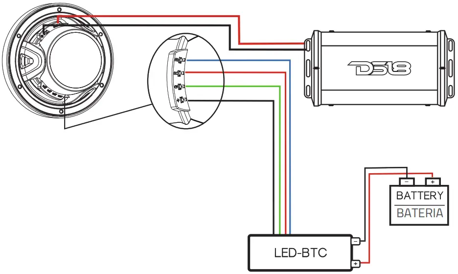 DS18 NXL-8M 8 Inch Marine Grade Coaxial Speaker with RGB LED Lights and Stainless Steel Mesh Grill - WIRING
