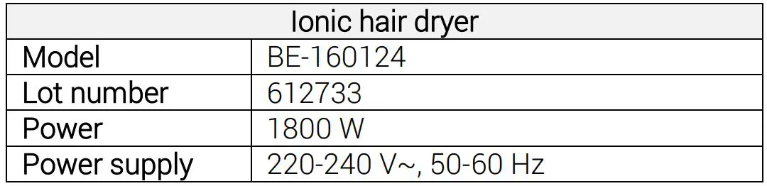HOFFEN Ionic Hair Dryer - TECHNICAL DATA