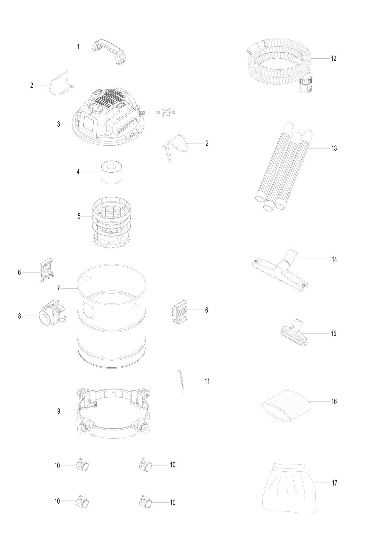 Vacmaster VOA407S 4 Gallon Peak HP Stainless Steel Vacuum - EXPLODED VIEW