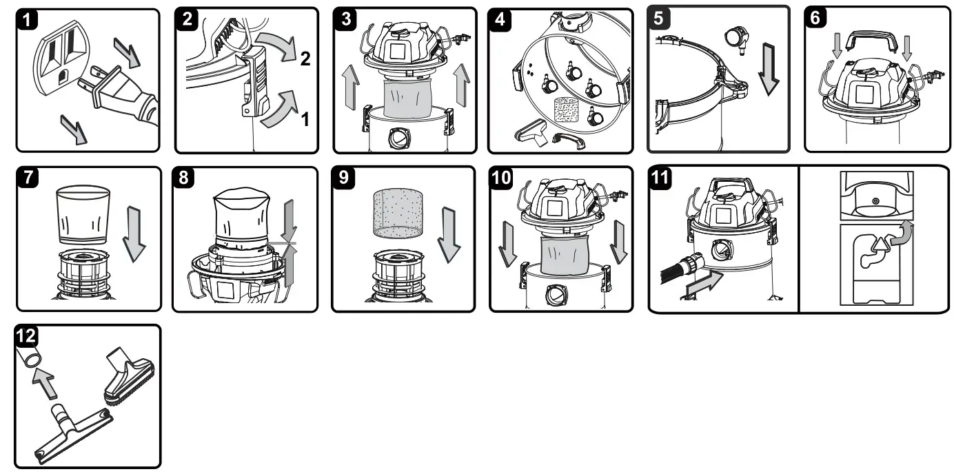 Vacmaster VOA407S 4 Gallon Peak HP Stainless Steel Vacuum - GENERAL ASSEMBLY INSTRUCTIONS
