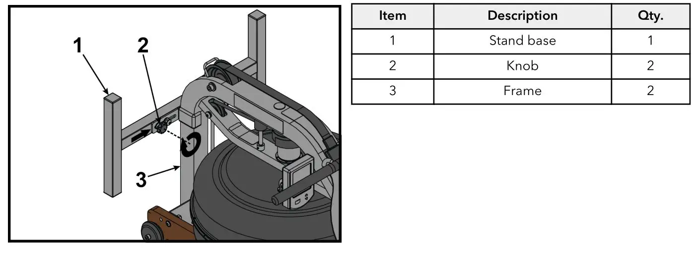LifeFitness HXD-ALLLX-101 Row HX Trainer - Install the stand base onto the frame as shown. Tighten knob by hand to secure stand base to rower