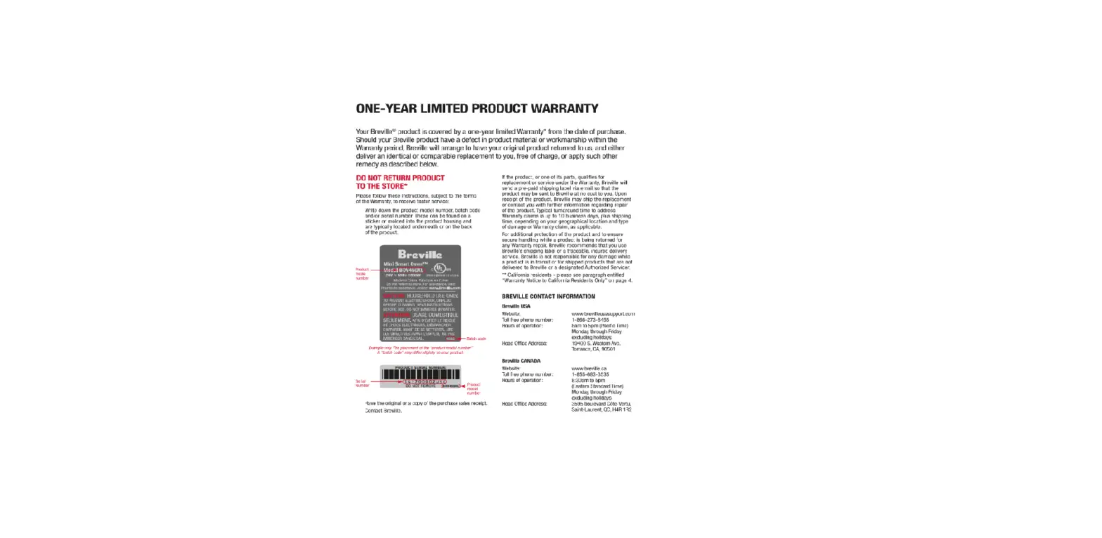 Breville One Year Limited Warranty Breville One Year Limited Warranty