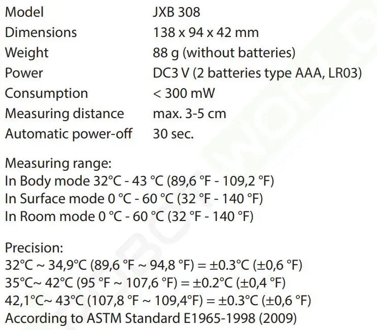 ROBOTWORLD JXB308 Non-Contact Thermometer - TECHNICAL CHARACTERISTICS