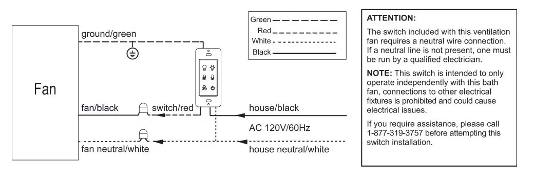 HOMEWERKS 7148-01-AX Bathroom Ventilation Fan - WIRING
