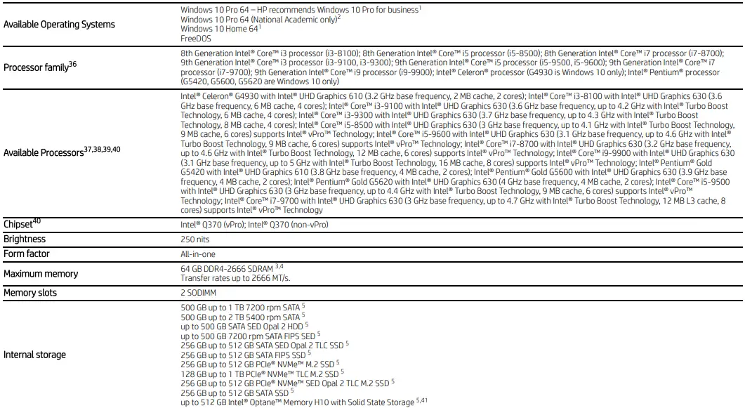 Specifications Table 1