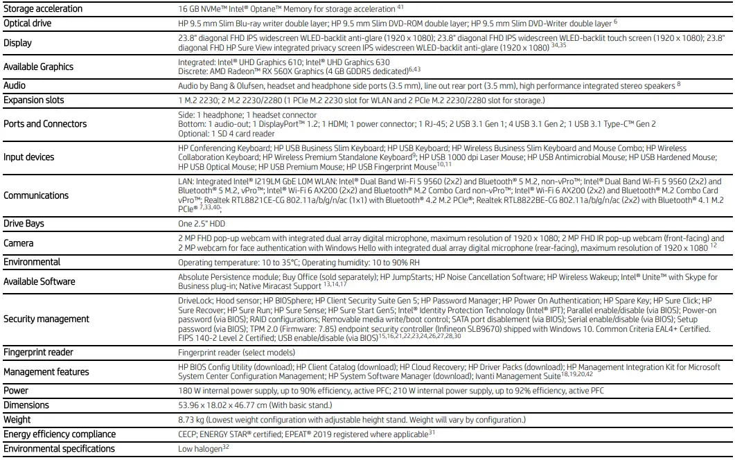 Specifications Table 2
