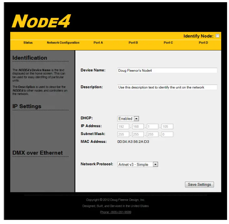 DOUG FLEENOR DESIGN NODE4 Four Port NODE Ethernet to DMX Interface Configuration - Network Configuration