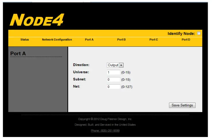 DOUG FLEENOR DESIGN NODE4 Four Port NODE Ethernet to DMX Interface Configuration - Port A, Port B, Port C