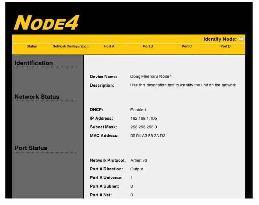 DOUG FLEENOR DESIGN NODE4 Four Port NODE Ethernet to DMX Interface Configuration - Status