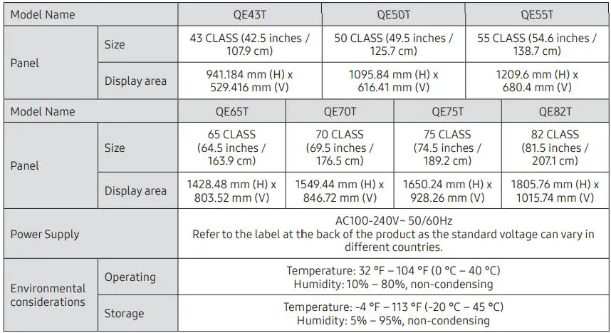 SAMSUNG QE43T 43 Inch 4K UHD Signage User Guide - Specifications