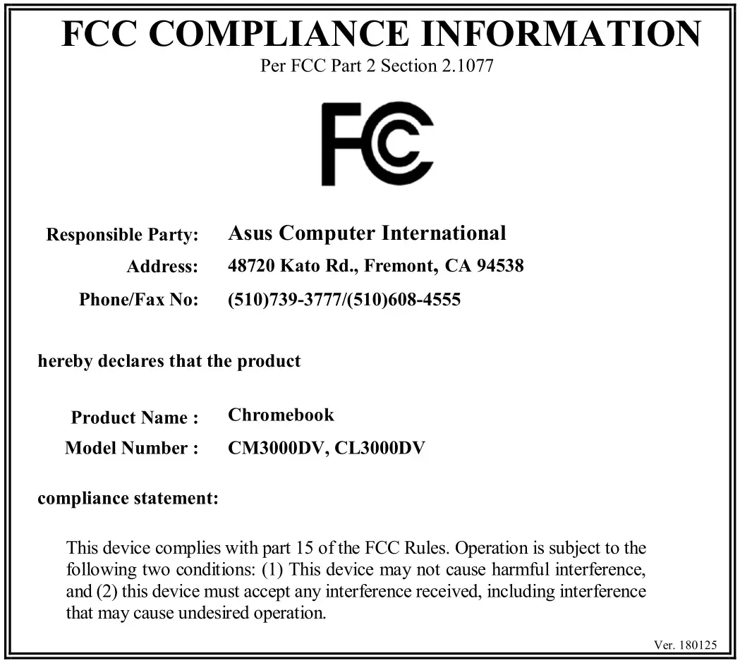 ASUS E17741 CM3000DVA Chromebook - FCC COMPLIANCE INFORMATION