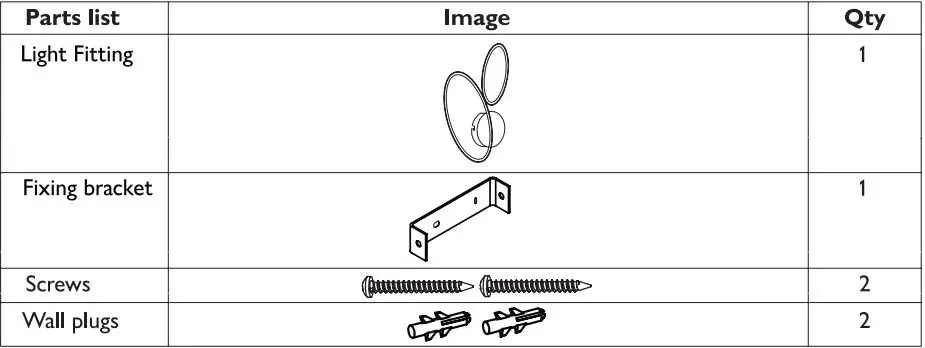 John Lewis Ovals LED Wall Light User Manual - Parts list
