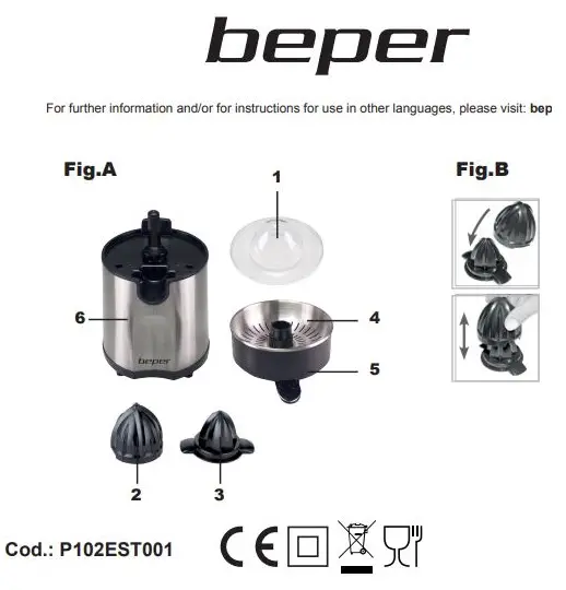 beper P102EST001 Electric Citrus Juicer Instruction Manual