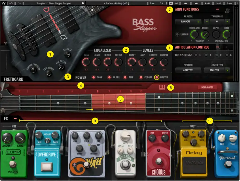 WAVES Bass Slapper Sample-Based Virtual Instrument - Interface and Controls