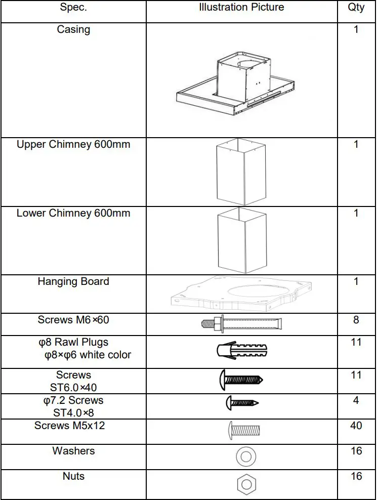Hoover HDSVI985B 90cm Island Cooker Hood User Manual - Standard Installation Accessories List