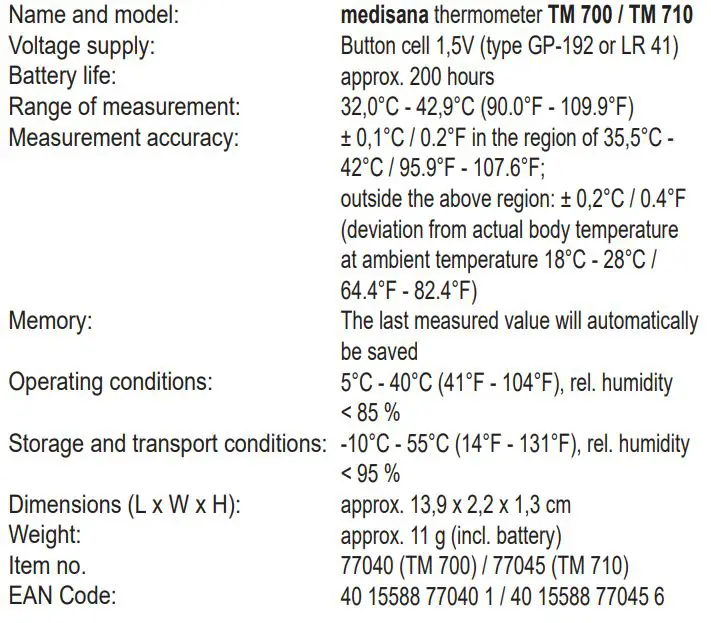 medisana TM 700 Thermometer - Technical information