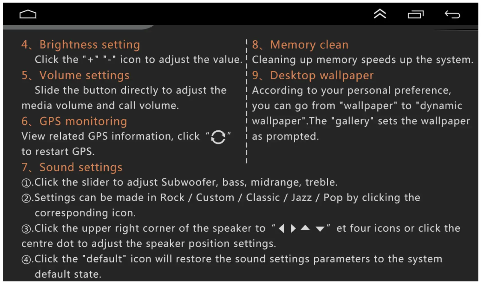 Shenzhen Shunxinda Trading A2768 Android Car Player - brightness setting, volume setting,gps monitoring, sound setting