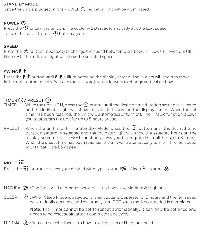Honeywell Portable Evaporative Air Cooler - FUNCTION BUTTONS 1