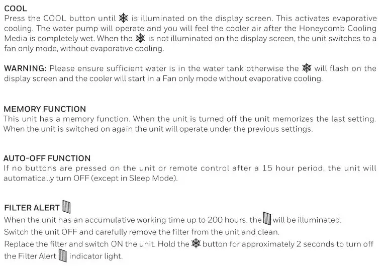 Honeywell Portable Evaporative Air Cooler - FUNCTION BUTTONS 2
