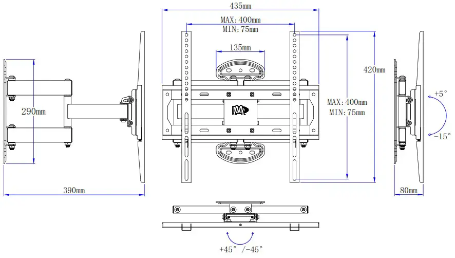 Mounting Dream MD2379 Single Stud Full Motion TV Mount - dimensions