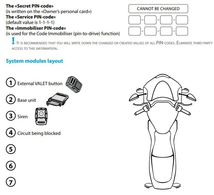 Pandora Mini Moto User Guide - PIN-codes of the system