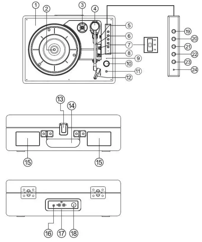 Lenco TT 110 Turntable with Bluetooth Reception and Built in Speakers - Location of Controls
