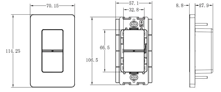 Daintree WWD2-2IW Wireless Wall Dimmer - Product Dimensions