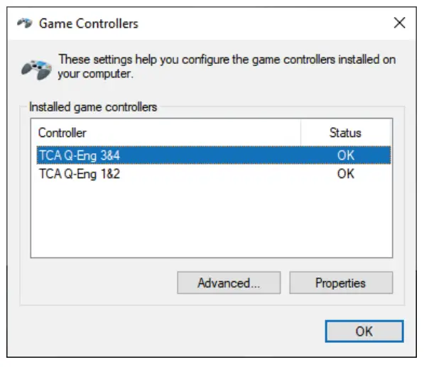 Game Controllers dialog box