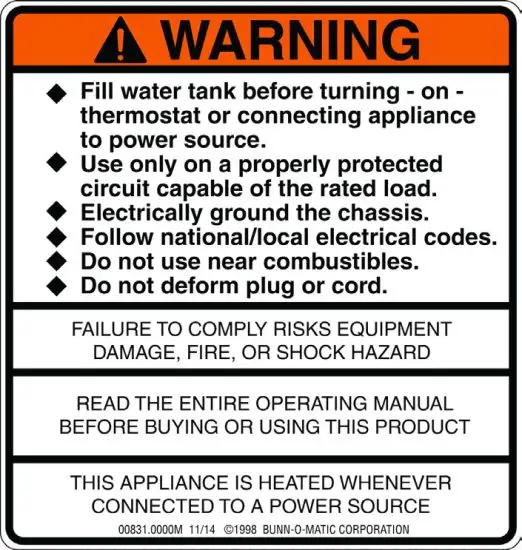 BUNN IMIX-3 Cappuccino Hot Beverage Dispenser - warning