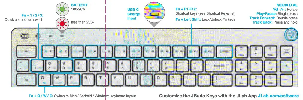 JLAB JBUDS Multi Device Wireless Keyboard - keys