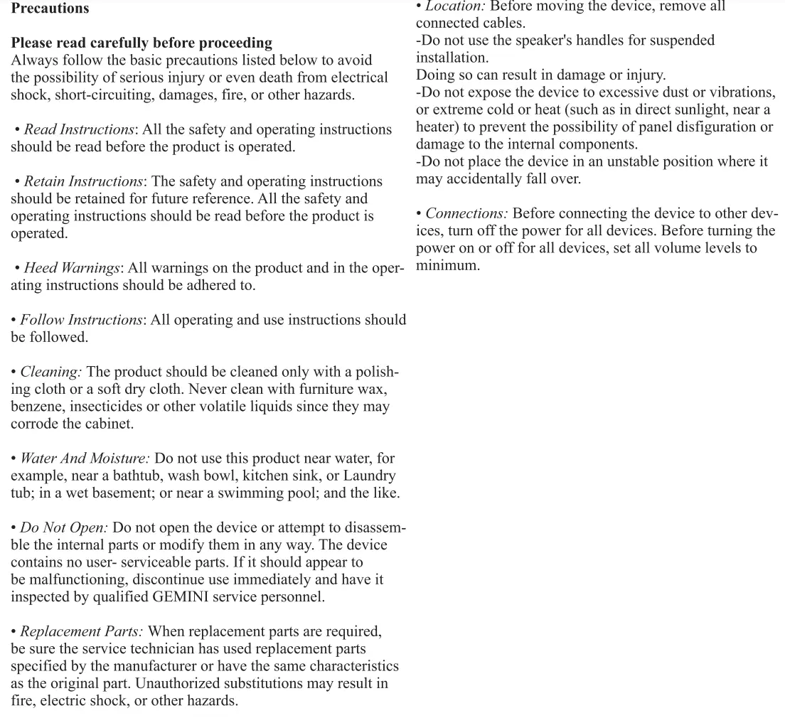 gemini GLS-880 Bluetooth Party System User Manual - Precautions