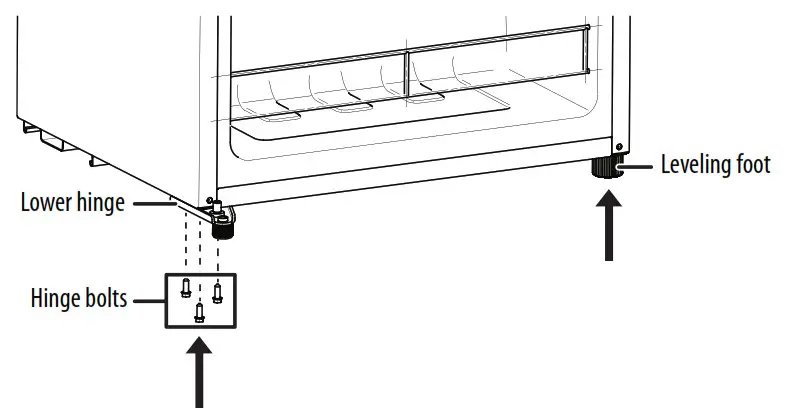 lower hinge and leveling feet to the opposite sides