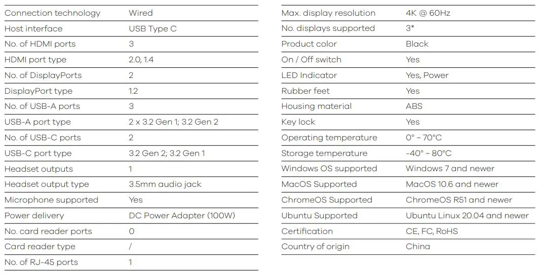 ProXtend USB-C Triple 4K Docking Station User Manual - Product Specifications