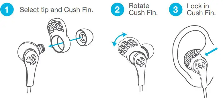 JLAB EPRORBLU123 Pro Signature Wired Earbuds Headphones Instruction Manual - CUSH FIN PLACEMENT