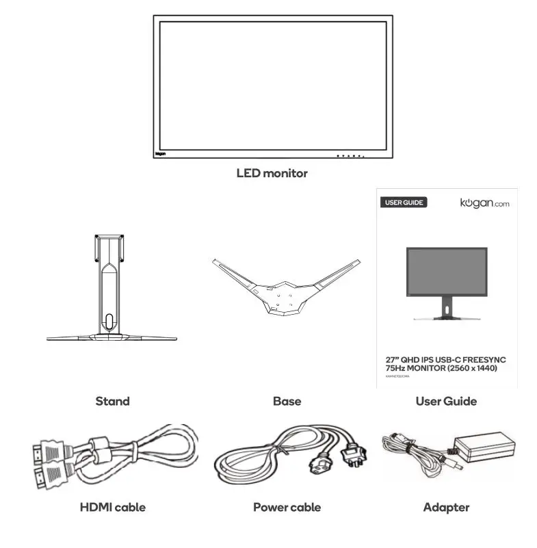 kogan KAMN27QUCMA 27 inch QHD IPS USB-C Freesync 75Hz Monitor User Guide - Components