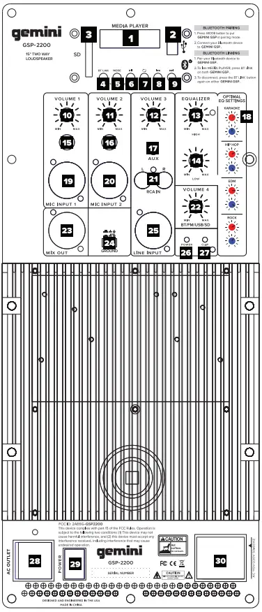 gemini GSP-L2200 Bluetooth 2200 Watt Speaker With Party Lights And Media Player User Manual - Features