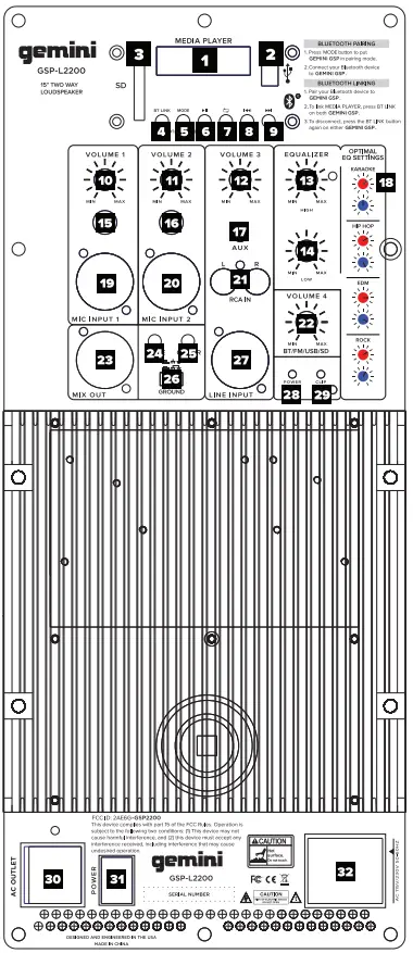 gemini GSP-L2200 Bluetooth 2200 Watt Speaker With Party Lights And Media Player User Manual - Features