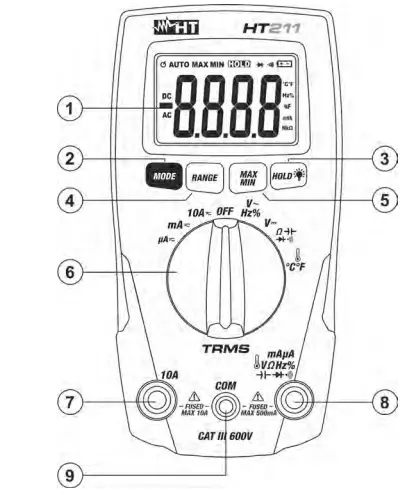 HT211 Handheld Multimeter Digital CAT III 600 V Display 1