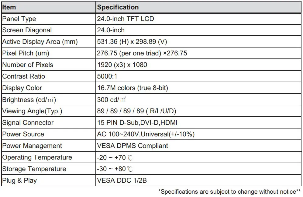 iTECH ECHW2400HDWT2 Chassis LCD Display User Manual - Specifications