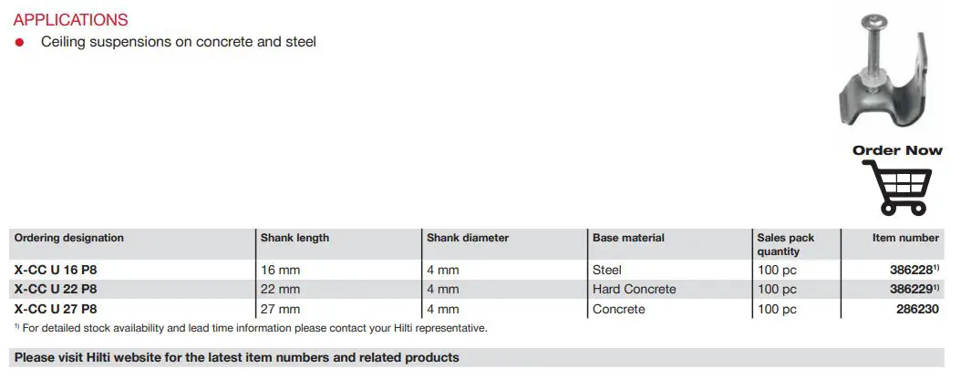 HILTI X-CC U CEILING CLIP with Nail Submission Folder User Manual - APPLICATIONS