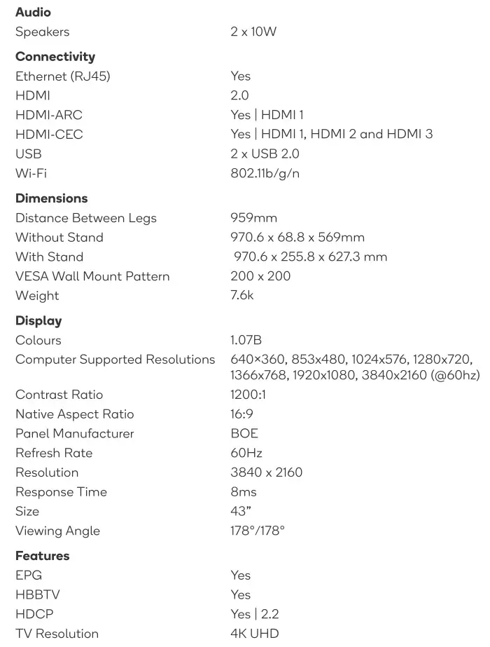 kogan 43” SMART HDR 4K LED TV - SPECIFICATIONS 1