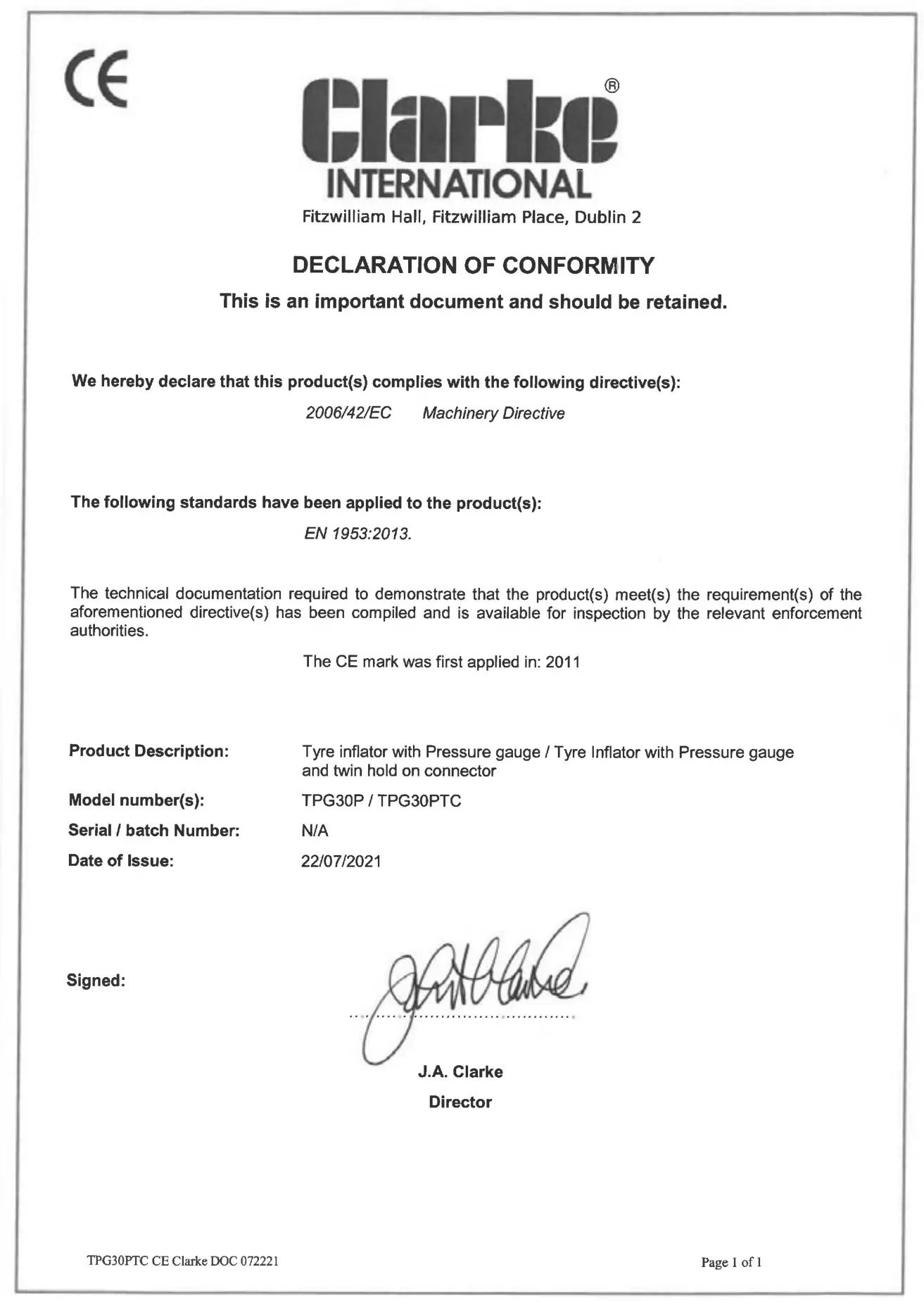 Clarke TPG30PTC Airline Tyre Inflator with Pressure Gauge - DECLARATION OF CONFORMITY 2