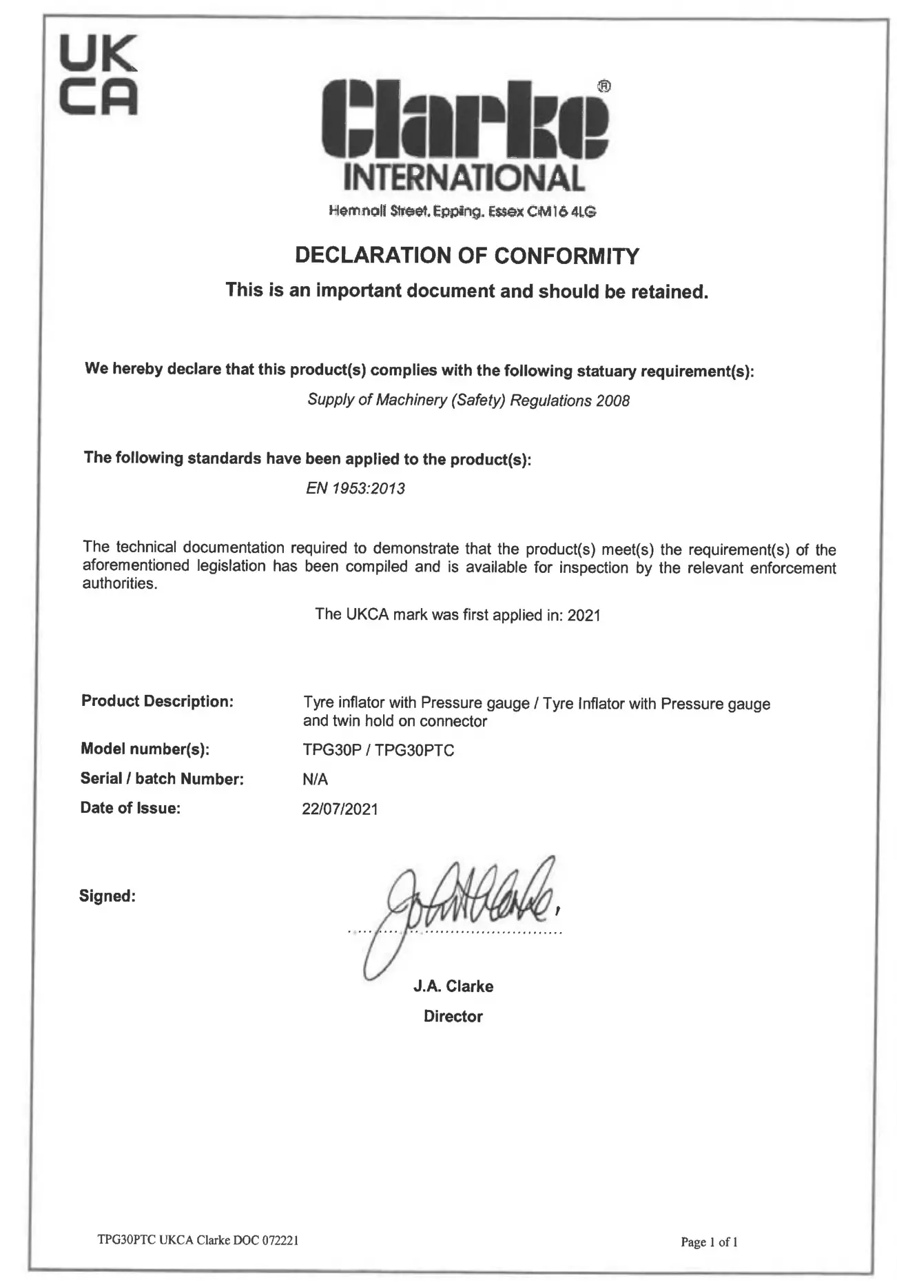 Clarke TPG30PTC Airline Tyre Inflator with Pressure Gauge - DECLARATION OF CONFORMITY