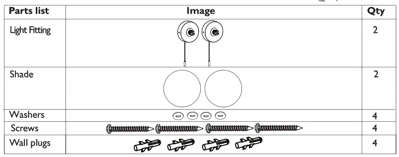 John Lewis Harlow Duo Wall Lights - PART LIST
