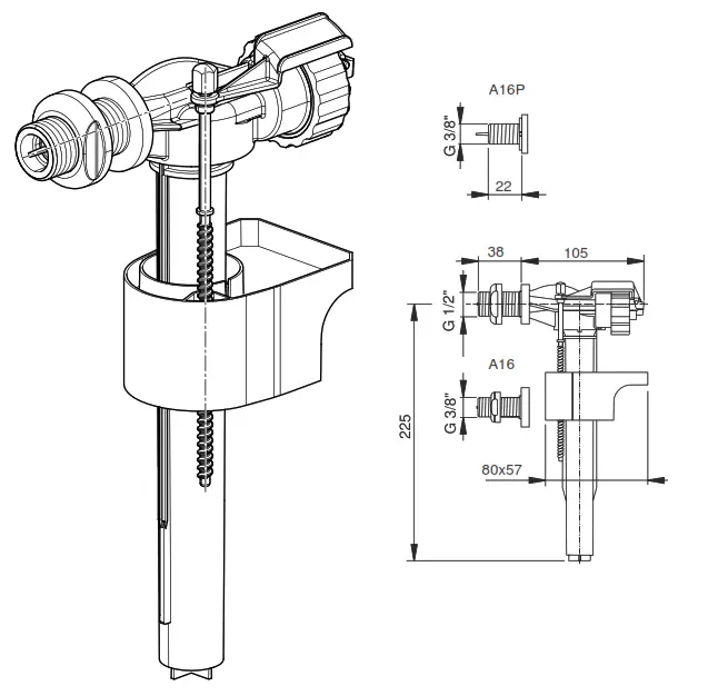 ALCA PLAST A16-A16P Side inlet fill valve metal thread